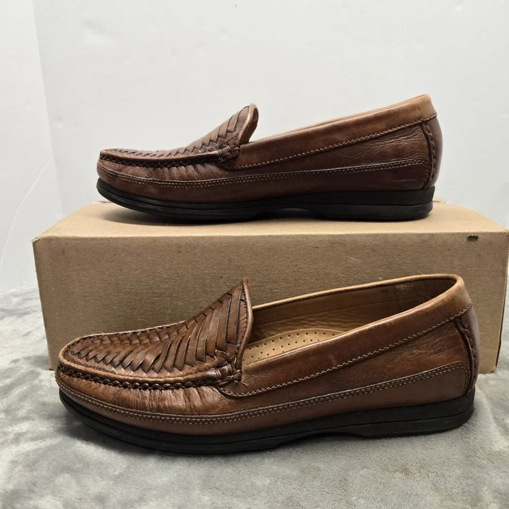 Dockers Mens Brown Woven Leather Loafers Moc Toe Slip On Shoes 90-7358 Size 10 D